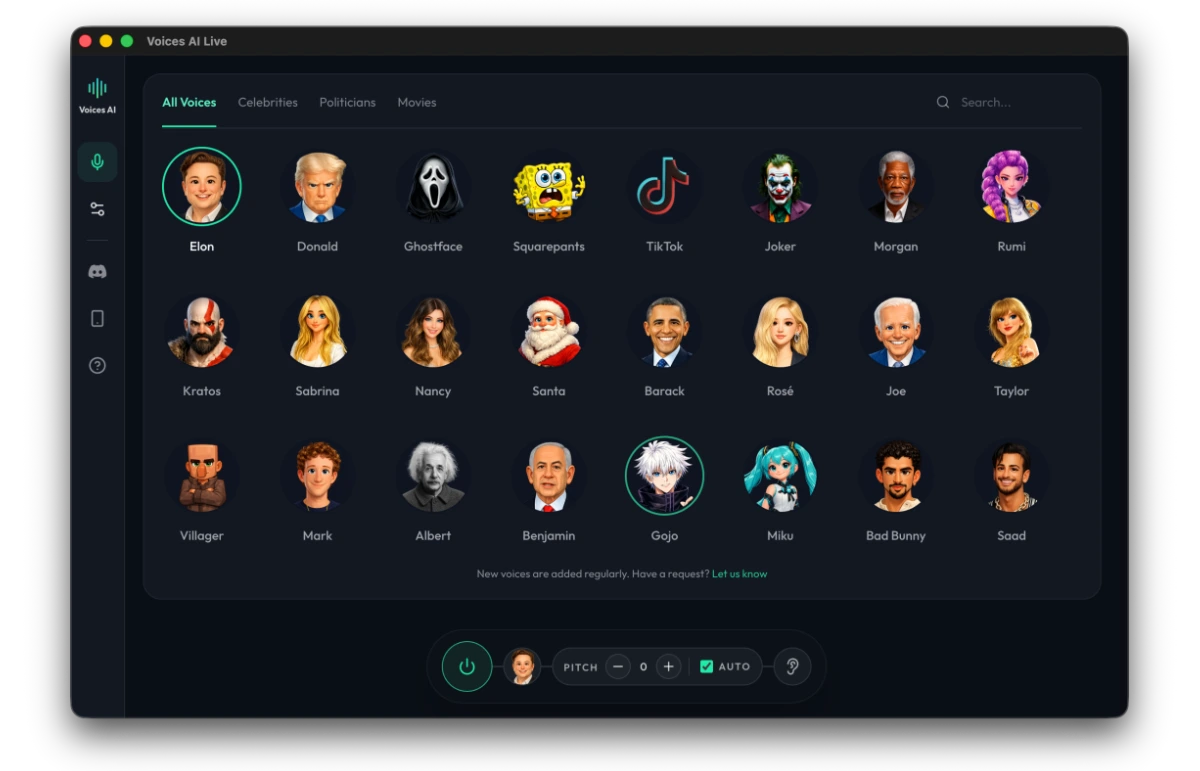 Voices AI Live desktop voice changer interface